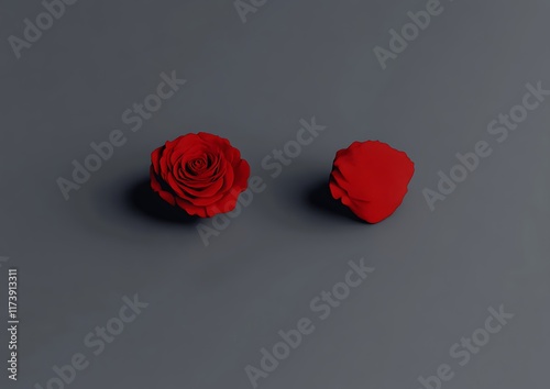 Red rose with loose petal on gray background. photo