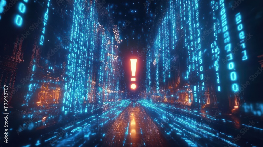 Obraz premium Blue Exclamation Mark Icon in Digital Landscape with Glowing Data Streams for AI Alert Systems and Emergency Response Coordination