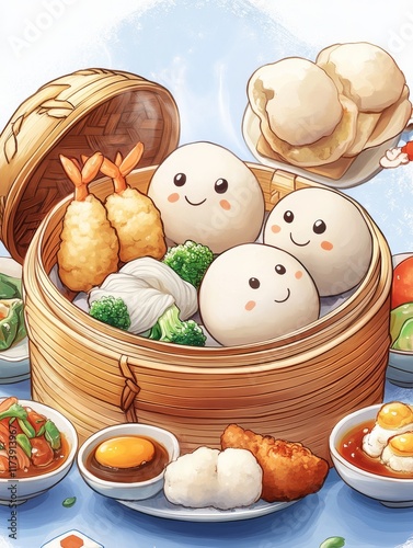 Delicious dim sum feast cartoon style culinary art vibrant setting playful viewpoint