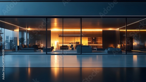 Futuristic virtual showroom with modern glass architecture and glowing panels exudes luxury and innovation, ideal for real estate ads or interior designs highlighting modernity and cutting-edge style.