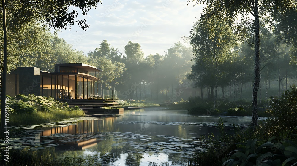 Fototapeta premium A serene lakeside view featuring a modern house surrounded by lush greenery and mist.