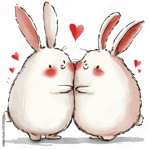 Two fluffy rabbits are nuzzling closely together, exchanging a sweet kiss surrounded by floating heart shapes, creating a charming and loving atmosphere.