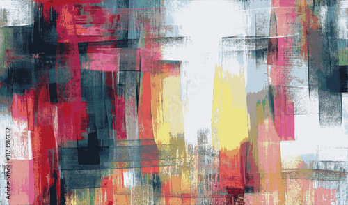 Modern abstract composition featuring rich layers of red, coral, and dark green tones, artistically balanced with bold patterns and textured strokes for a dynamic and contemporary design