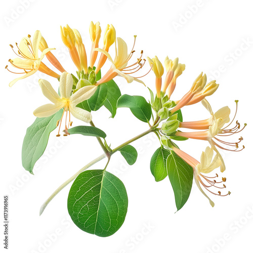 A cluster of honeysuckle flowers with yellow and orange petals, accompanied by green leaves, set isolated on white and transparent background.