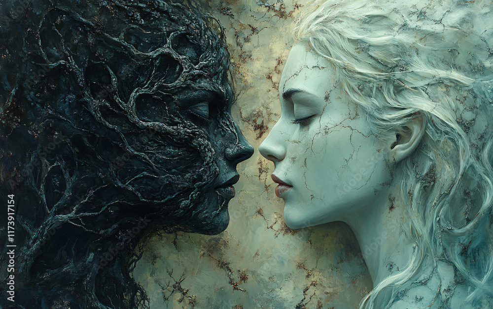Artistic Portraits Symbolizing Duality with Ethereal Faces Merging Light and Dark Elements in a Surreal and Gothic Style