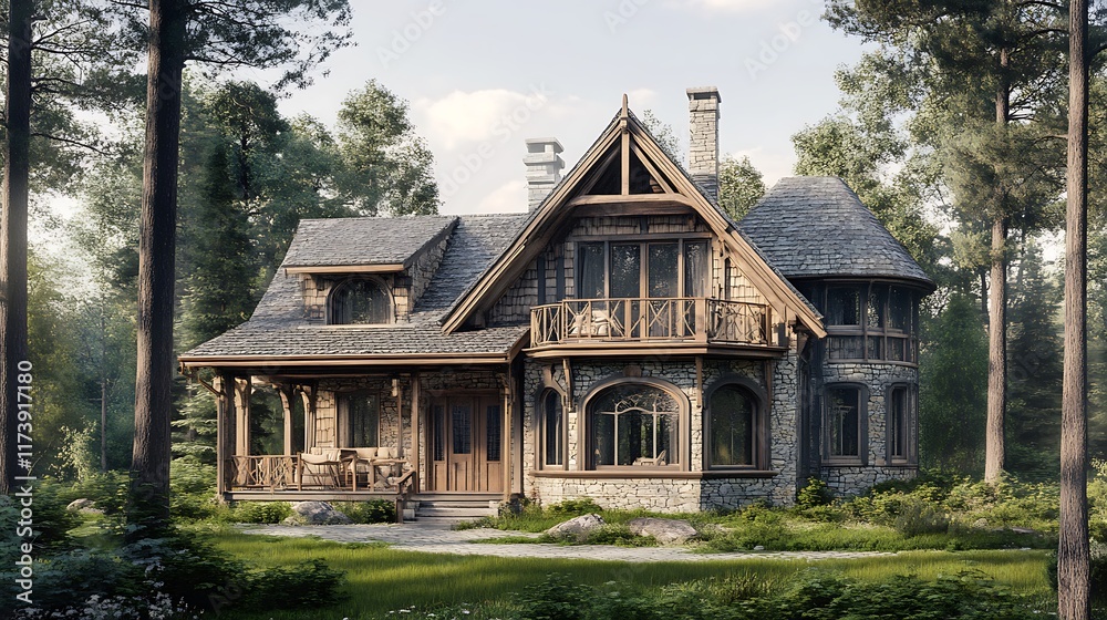 A charming wooden house surrounded by trees and greenery, showcasing rustic architecture. A charming wooden house surrounded by trees and greenery, showcasing rustic architecture.