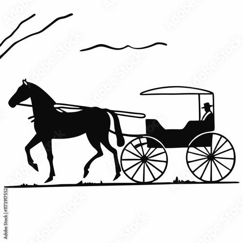 A vintage horse-drawn carriage silhouette evokes old travel and transportation with its buggy and horses
