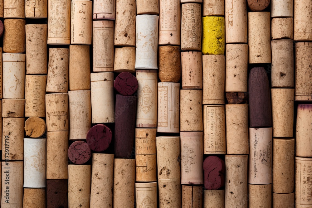 Unique arrangement of wine corks showcasing variety and texture in design. Generative AI Unique arrangement of wine corks showcasing variety and texture in design. Generative AI