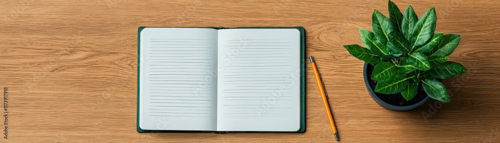 Open notebook on wooden table with plant and pencil nearby Open notebook on wooden table with plant and pencil nearby