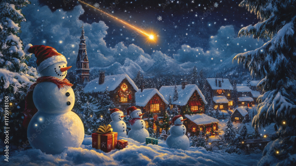 Obraz premium Image of shooting star over christmas presents and snowmen in winter scenery. Christmas, festivity, celebration and tradition concept digitally generated image.