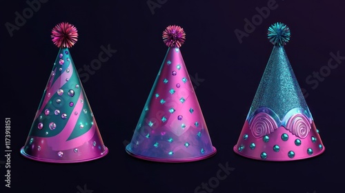 Three vibrant party hats with neon accents perfect for celebrations. Use them to add a festive touch to your party scenes or avatars.