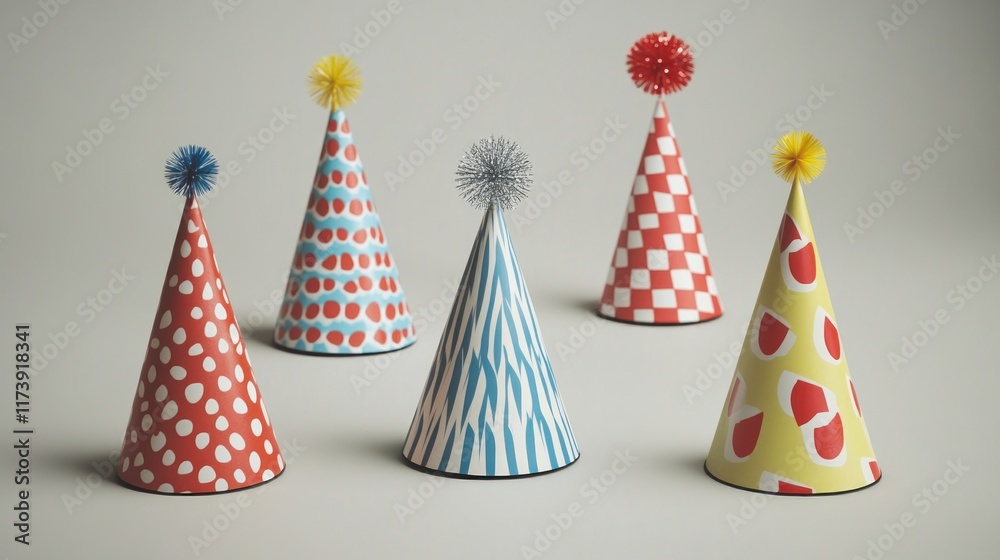 Five vibrant party hats with different patterns and pom-poms. Perfect for birthdays, celebrations, and festive occasions. Add a touch of fun to any gathering. Five vibrant party hats with different patterns and pom-poms. Perfect for birthdays, celebrations, and festive occasions. Add a touch of fun to any gathering.