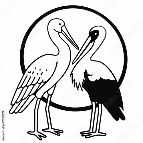 Vector art illustration of a cartoon stork carrying a newborn baby bird with a long beak
