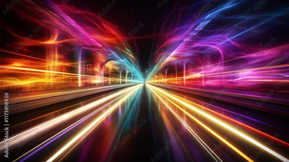 Obraz premium Vibrant light trails illuminate a surreal tunnel of color in motion. Generative AI