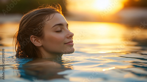 Serene Portrait of a Young Woman Relaxing in a Pool at Sunset, Capturing the Luxury and Beauty of a Tropical Paradise Retreat photo