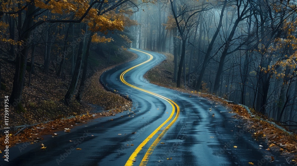 Fototapeta premium Winding road through autumn forest, misty, wet.