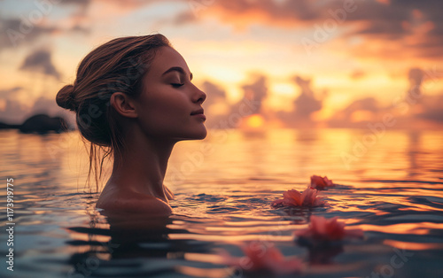 Serene Portrait of a Young Woman Relaxing in a Pool at Sunset, Capturing the Luxury and Beauty of a Tropical Paradise Retreat photo