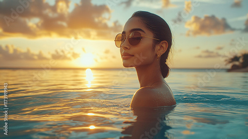 Serene Portrait of a Young Woman Relaxing in a Pool at Sunset, Capturing the Luxury and Beauty of a Tropical Paradise Retreat photo