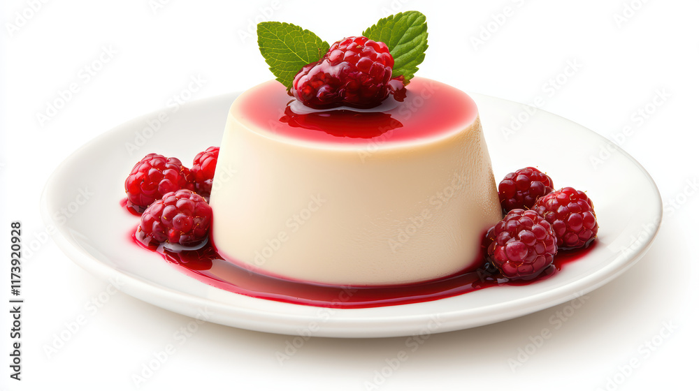 Creamy dessert topped with raspberries and mint leaves, served on plate Creamy dessert topped with raspberries and mint leaves, served on plate