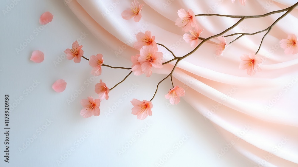 Fototapeta premium Pink curtain with floral patterns surrounded by cherry blossom petals