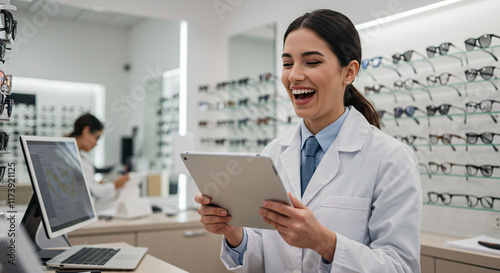 Wallpaper Mural female optometrist with long dark hair in a ponytail laughs joyfully while holding a digital tablet.  Torontodigital.ca