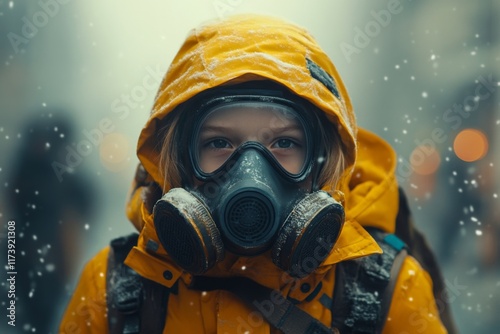 Wallpaper Mural Child dressed in yellow raincoat and gas mask walking through snowy urban landscape during winter Torontodigital.ca