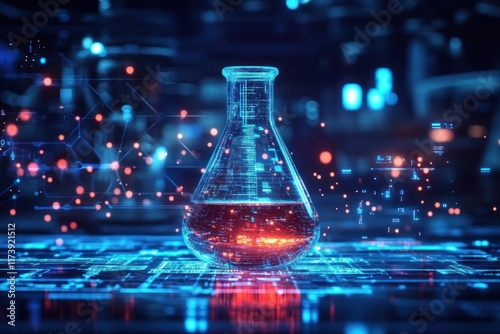 Glowing Flask in Digital Laboratory with Data Streams Demonstrating AI Integration for Scientific Experiments and Research Innovations