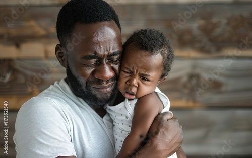 Black caring father comforting sad baby. Equality of household management. Shared housework responsibilities, comanagement, partnership, teamwork, domestic symmetry, collaborative joint effort concept photo