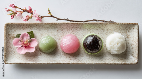 Set of colorful daifuku mochi desserts on a porcelain plate. Concept: Lifestyle, Cooking, Desserts. Image with space for text. Generative AI.