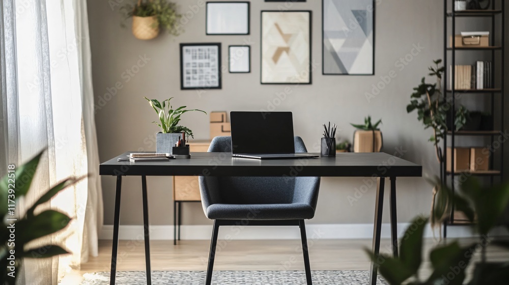 Sleek and Modern Workspace and modern wall art, copy space Sleek and Modern Workspace and modern wall art, copy space