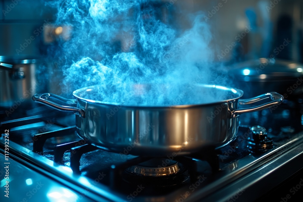 Cooking with steam rising from stainless steel pan on stove in modern kitchen during evening hours Cooking with steam rising from stainless steel pan on stove in modern kitchen during evening hours
