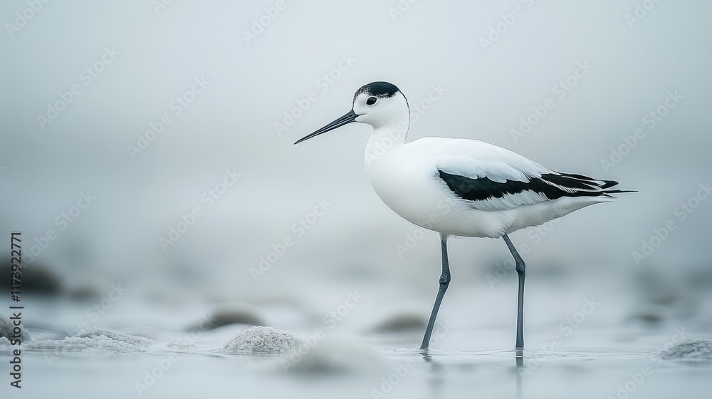Avocet gracefully walking along the edge of a serene shoreline Avocet gracefully walking along the edge of a serene shoreline