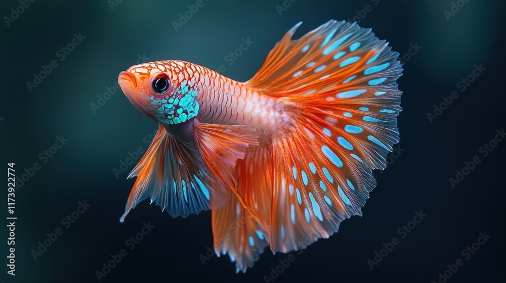 Fototapeta premium Vibrant Spectacle of a Betta Fish Showcasing Exquisite Fin Detail and Striking Colors in Underwater Ambiance Perfectly Captured in Stunning Aquatic Photography