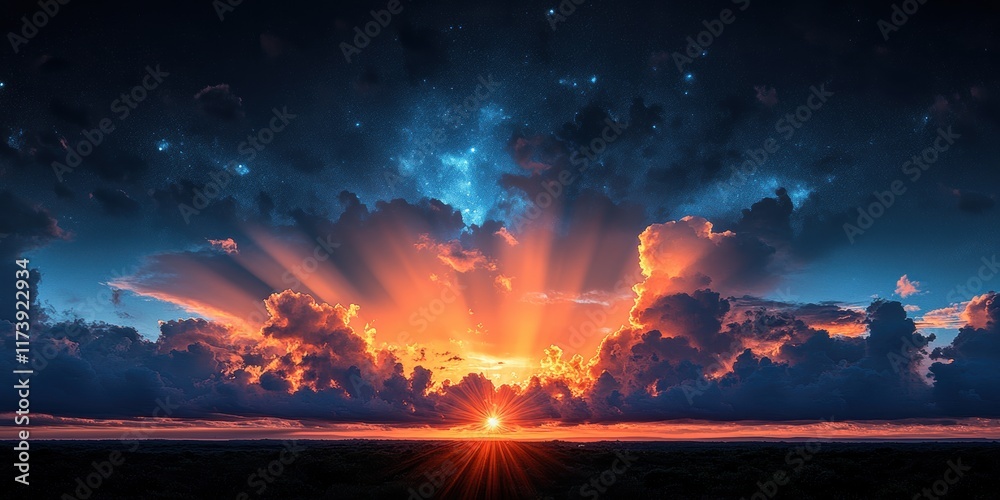 Naklejka premium Stunning Sunset Over Lush Mountain Landscape Illuminated by Radiant Sky and Majestic Clouds, Capturing the Sublime Beauty of Nature in a Moment of Tranquil Splendor