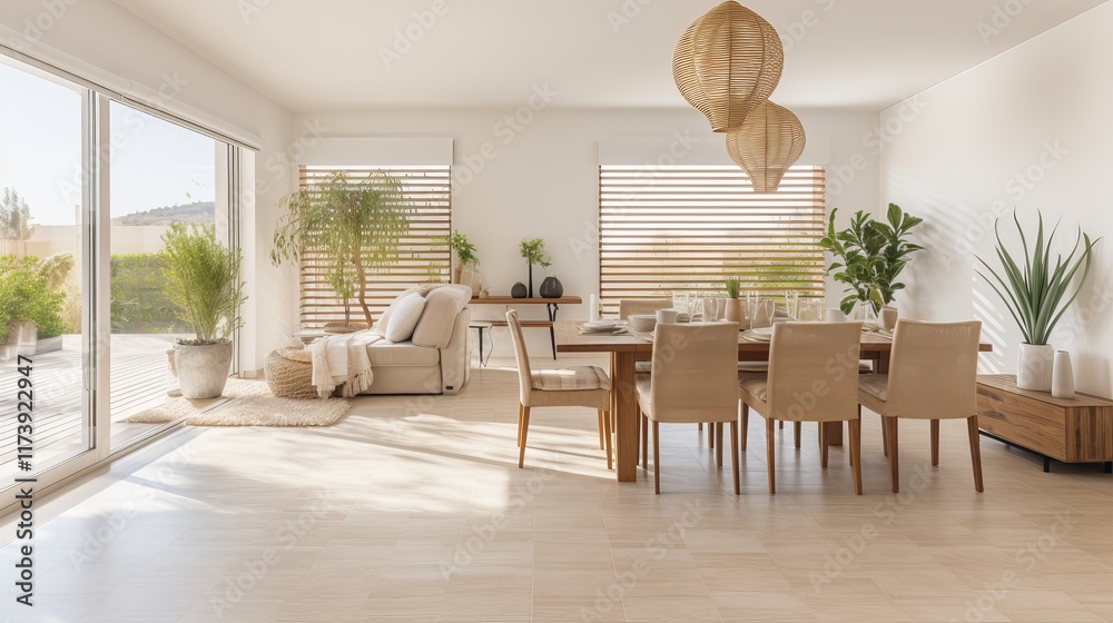 Fototapeta premium Modern and airy living space with natural light and greenery in a cozy home. Generative AI