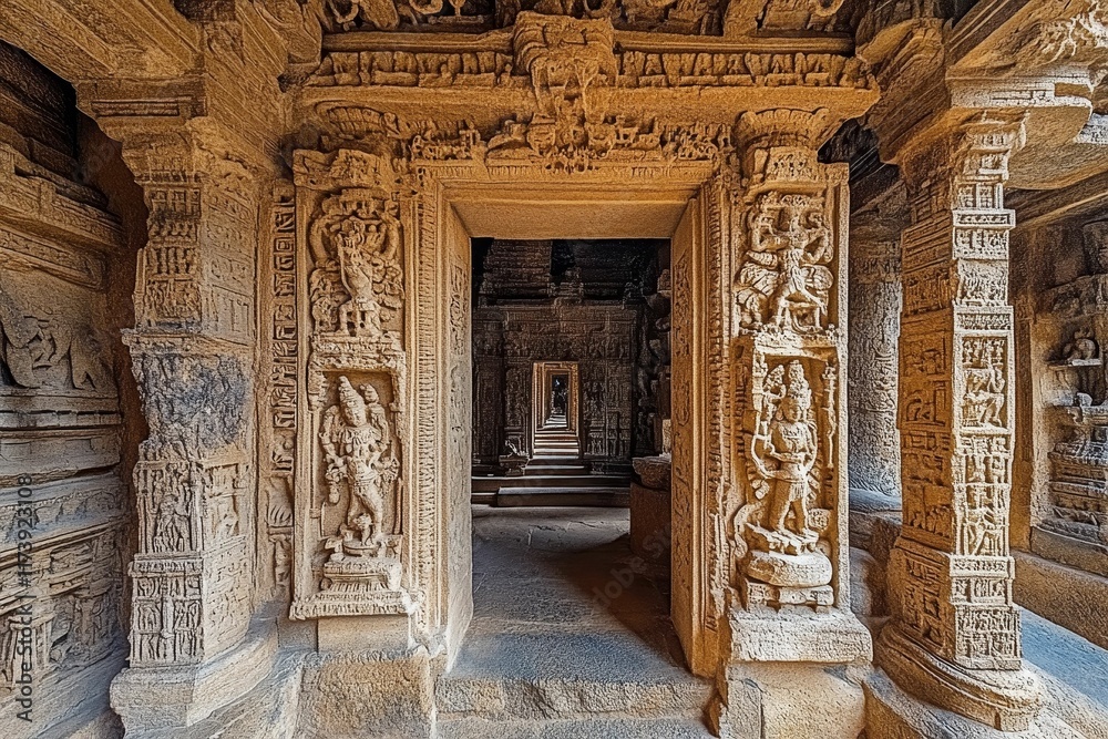 Fototapeta premium Ornate stone doorway, ancient carvings, temple interior.
