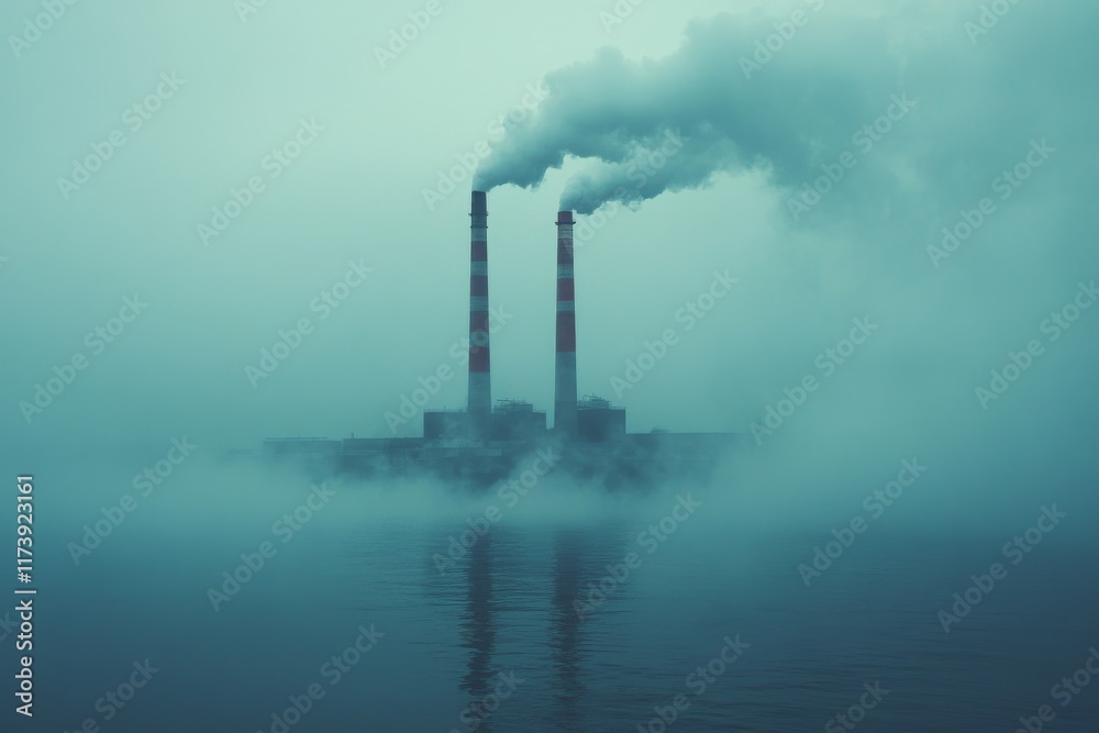 Industrial smokestacks release thick smoke over calm water at dawn in a foggy environment Industrial smokestacks release thick smoke over calm water at dawn in a foggy environment