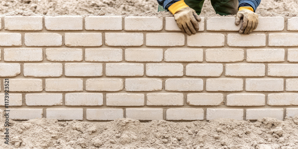 Installing brick wall Construction worker in uniform lays bricks building a wall Installing brick wall Construction worker in uniform lays bricks building a wall