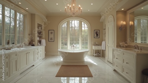 A luxurious and serene bathroom featuring an elegant freestanding bathtub, chandelier lighting, and large windows overlooking a picturesque view.