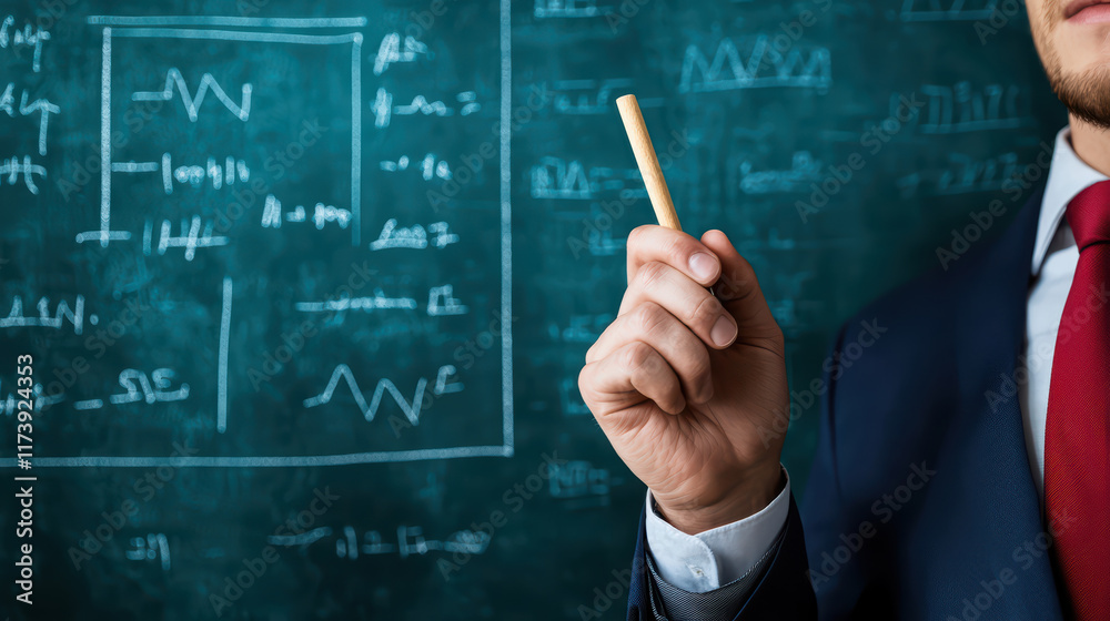teacher in suit holds chalk piece, explaining concepts on chalkboard teacher in suit holds chalk piece, explaining concepts on chalkboard