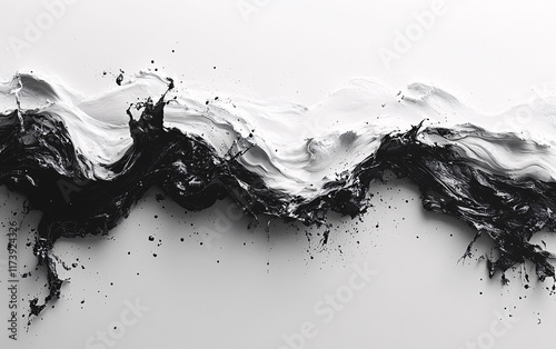 Abstract Black Ink Splatters and Streaks on a White Background, Featuring Bold Contrast and Dynamic Expressive Designs for Modern Graphic Elements photo