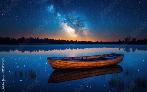 Serene Night: Wooden Boat on a Starlit Lake