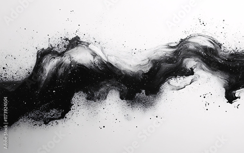 Abstract Black Ink Splatters and Streaks on a White Background, Featuring Bold Contrast and Dynamic Expressive Designs for Modern Graphic Elements photo