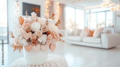 Elegant blush roses bouquet, hearts, modern home decor