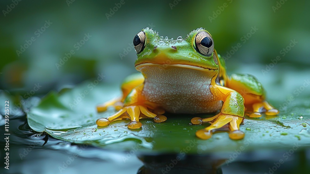 Magnificent Green and Gold Tree Frog on a Lily Pad Magnificent Green and Gold Tree Frog on a Lily Pad