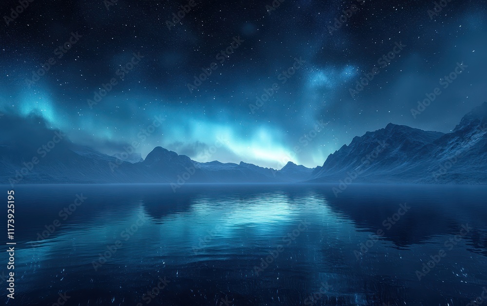 Naklejka premium Night Serenity: Aurora Borealis over a Tranquil Lake and Majestic Mountains