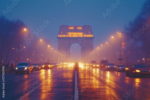 Evening at the Arc de Triomphe with glowing lights and wet streets in Paris during a foggy twilight photo