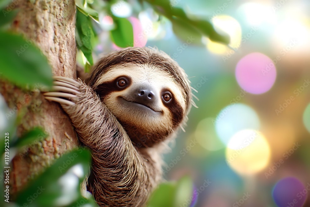 Adorable sloth clinging to a tree, smiling sweetly against a vibrant bokeh background. Adorable sloth clinging to a tree, smiling sweetly against a vibrant bokeh background.