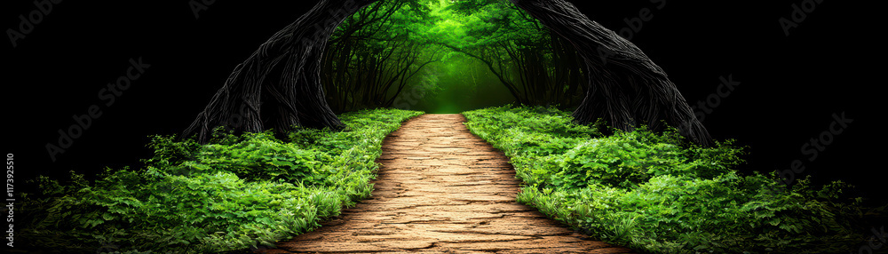 serene forest path surrounded by lush greenery and dark trees serene forest path surrounded by lush greenery and dark trees