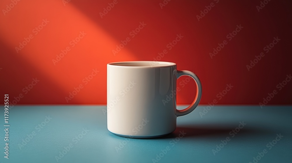 A Minimalistic White Ceramic Mug Placed on a Vibrant Blue and Red Background, Capturing the Essence of Modern Design and Simplicity in Everyday Objects, Perfectly Lit by Soft Natural Light A Minimalistic White Ceramic Mug Placed on a Vibrant Blue and Red Background, Capturing the Essence of Modern Design and Simplicity in Everyday Objects, Perfectly Lit by Soft Natural Light